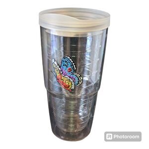 TERVIS 16 oz Travel Tumbler Cup Butterfly Patch With Clear Lid Excellent Cond